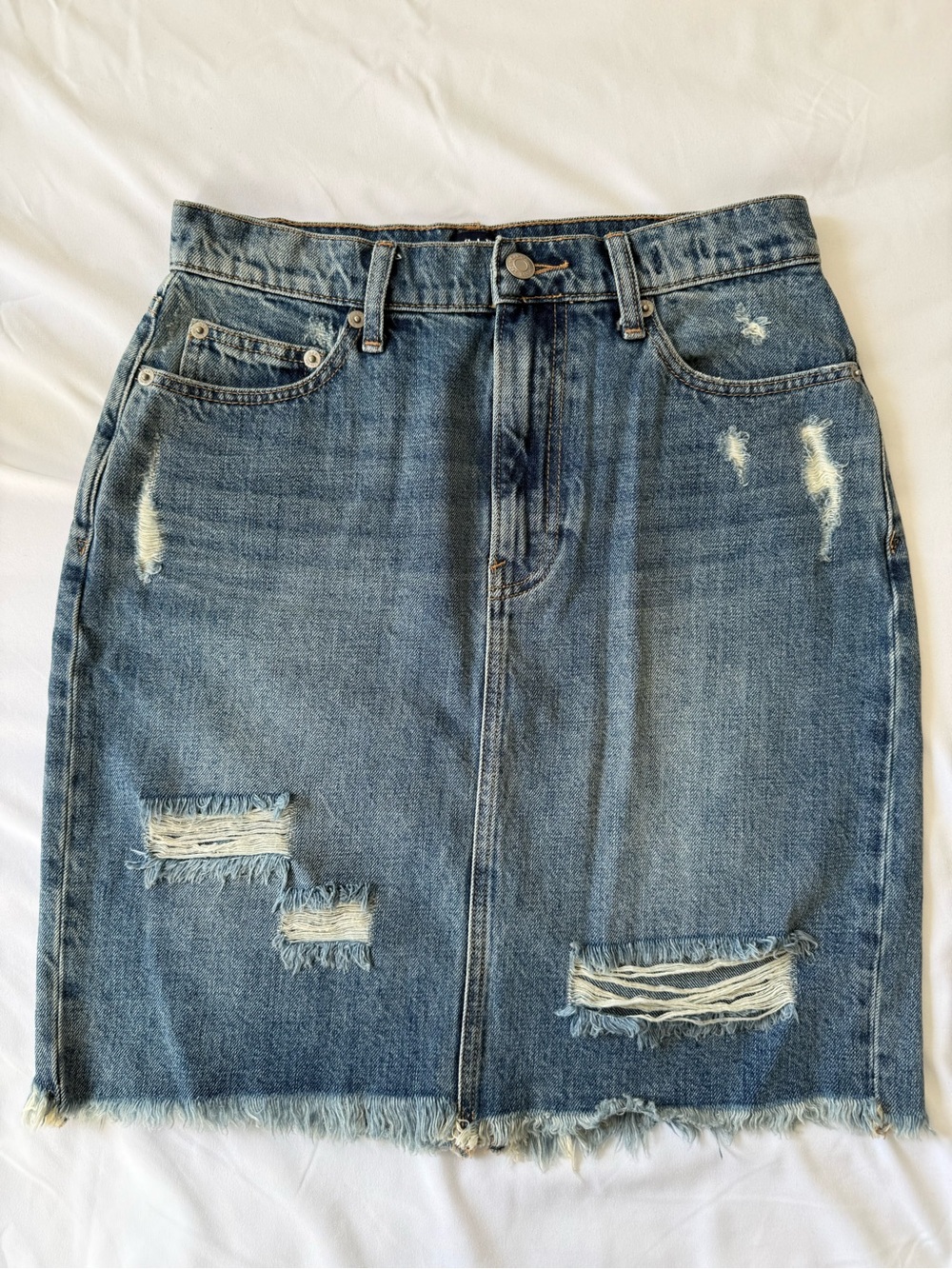 Gap-Classic Distressed Denim Skirt- Women- Size 26- Blue Denim